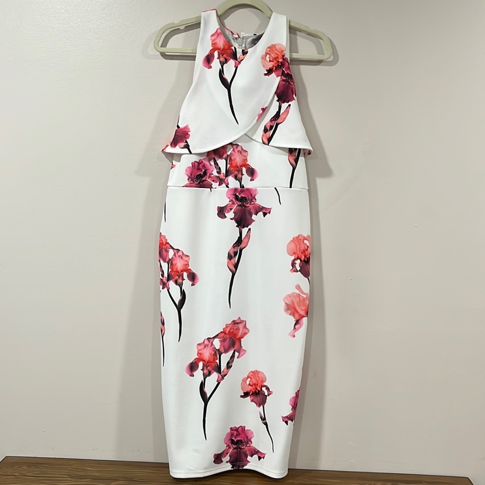 ASOS Cream/Pink Off-Shoulder Floral Fitted Dress. Size 12.